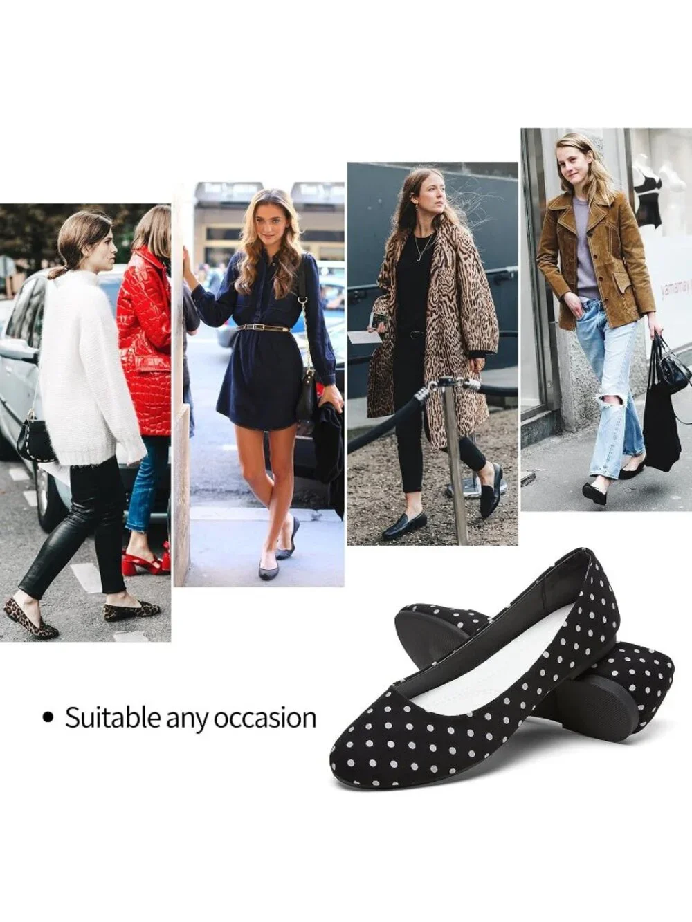 Women's Black Dot PU Leather Closed Toe Comfortable Flexible Slip On Ballet Flat